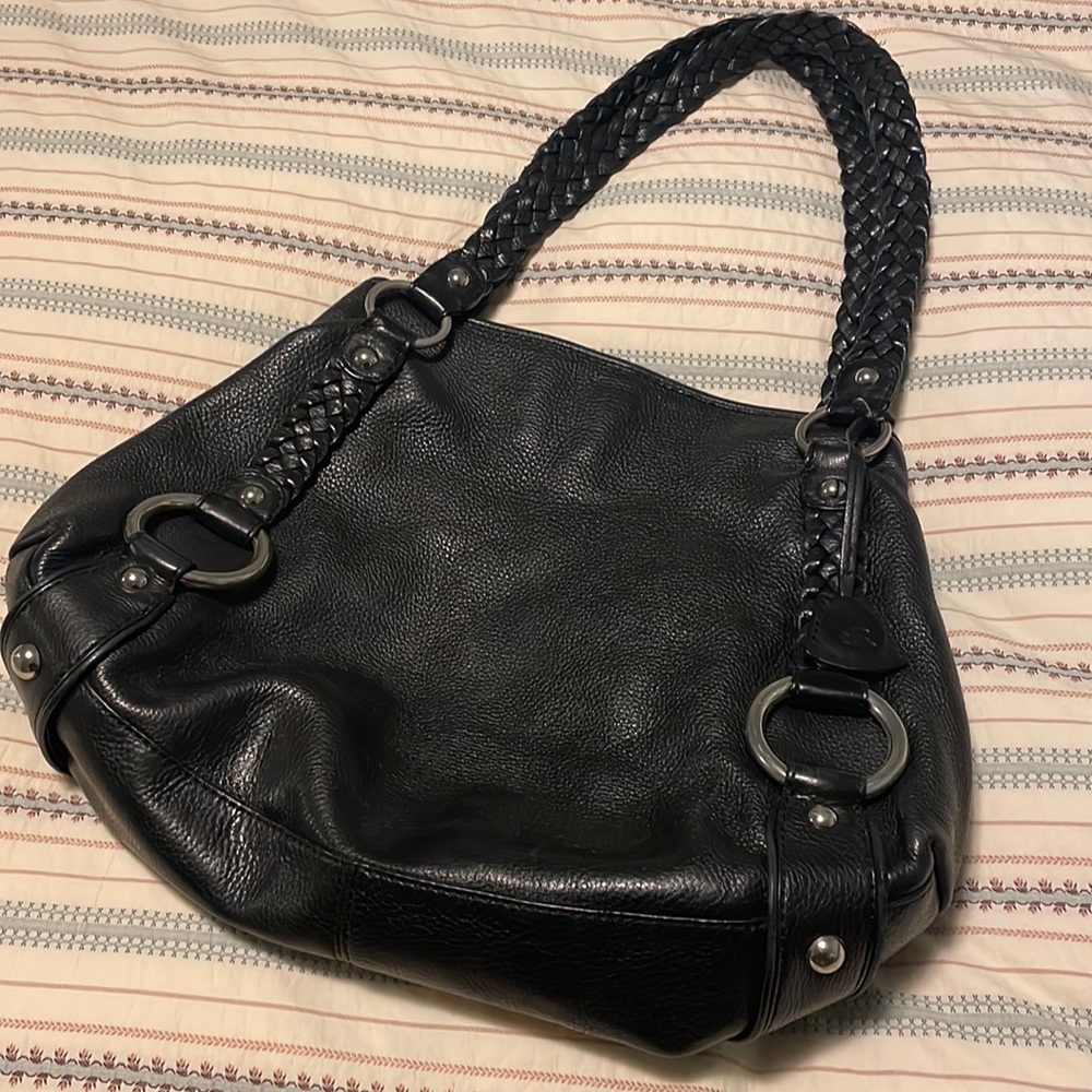 Banana Republic black leather back with ring hardware and braided straps